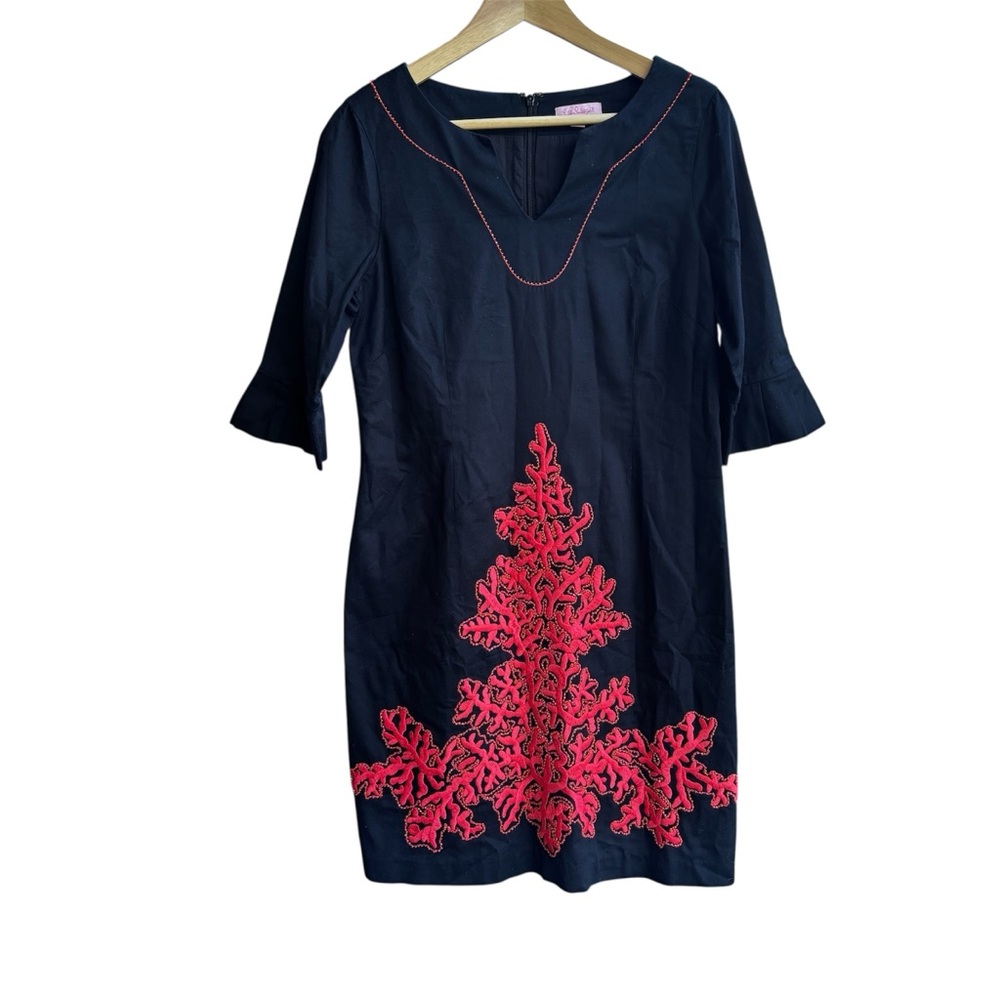 Lilly Pulitzer Shailene Dodie Black Dress Coral Embroidery 3/4 Sleeve Size 8